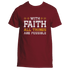 The With Faith T-Shirt by Divine Dispatch showcases a maroon design featuring the text "With Faith All Things Are Possible" in white and yellow.