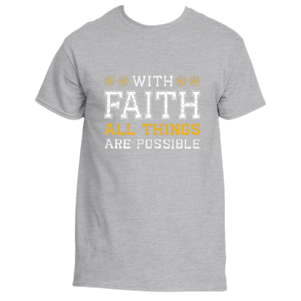 Introducing the inspiring &quot;With Faith T-Shirt&quot; by Divine Dispatch, an ash grey tee beautifully adorned with the uplifting message, &quot;With Faith, All Things Are Possible,&quot; in striking white and yellow letters. Perfect for supporting charitable initiatives while making a positive statement.