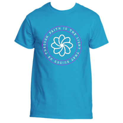 Introducing the Faith Is the Light T-Shirt by Divine Dispatch, featuring a circular floral design with the uplifting phrase &quot;Faith is the light that guides us through&quot; elegantly scripted in shades of blue and white. This Carolina Blue tee is ideal for those inspired by faith and charitable causes.