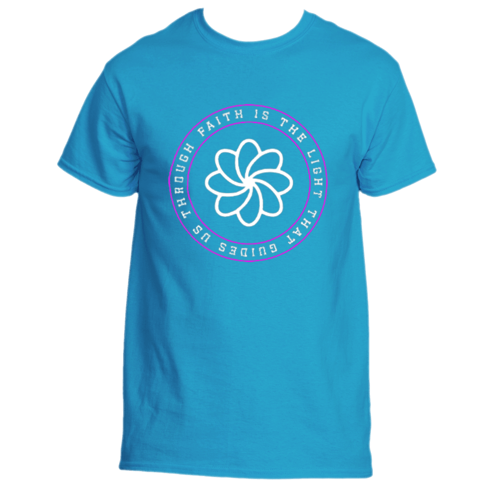 Introducing the Faith Is the Light T-Shirt by Divine Dispatch, available in a calming blue with a circular design featuring an abstract flower and the uplifting message, &quot;Faith is the light that guides us through.&quot; Ideal for those who value style while supporting charitable causes.