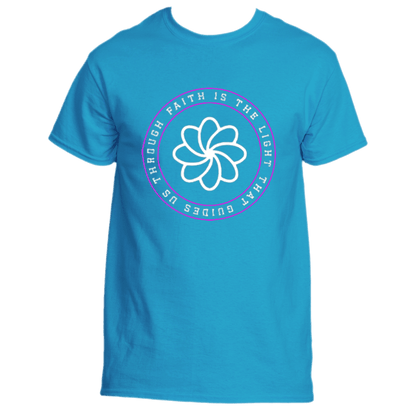 Introducing the Faith Is the Light T-Shirt by Divine Dispatch, available in a calming blue with a circular design featuring an abstract flower and the uplifting message, &quot;Faith is the light that guides us through.&quot; Ideal for those who value style while supporting charitable causes.