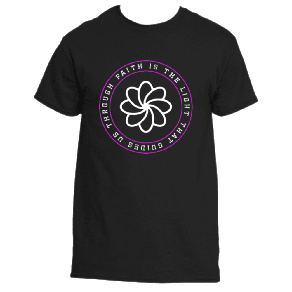 Introducing the Faith Is the Light T-Shirt by Divine Dispatch, a black tee adorned with a circular design showcasing an outline of a white flower. Encircling the motif is the inspiring text: &quot;Faith is the light that guides us through.&quot; This shirt is ideal for those who support charitable causes and hold strong beliefs in the power of faith.