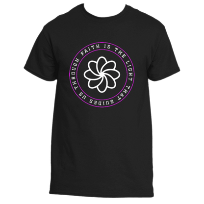 Introducing the Faith Is the Light T-Shirt by Divine Dispatch, a black tee adorned with a circular design showcasing an outline of a white flower. Encircling the motif is the inspiring text: &quot;Faith is the light that guides us through.&quot; This shirt is ideal for those who support charitable causes and hold strong beliefs in the power of faith.