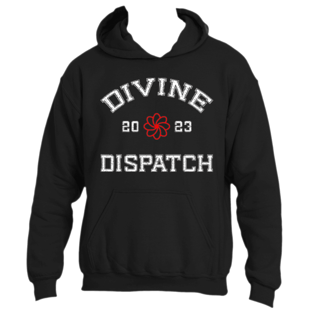 The Divine Dispatch Hoodie, by Divine Dispatch, is an essential fashion item adorned with &quot;DIVINE DISPATCH&quot; in striking collegiate-style white letters. A red floral design on the chest is elegantly framed by the numbers &quot;20&quot; and &quot;23.&quot; This hoodie combines style and spirituality with its practical front pocket and drawstrings.