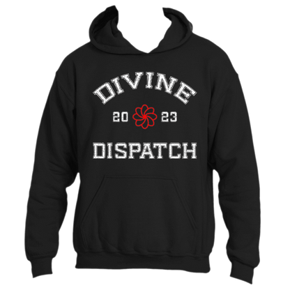 The Divine Dispatch Hoodie, by Divine Dispatch, is an essential fashion item adorned with &quot;DIVINE DISPATCH&quot; in striking collegiate-style white letters. A red floral design on the chest is elegantly framed by the numbers &quot;20&quot; and &quot;23.&quot; This hoodie combines style and spirituality with its practical front pocket and drawstrings.