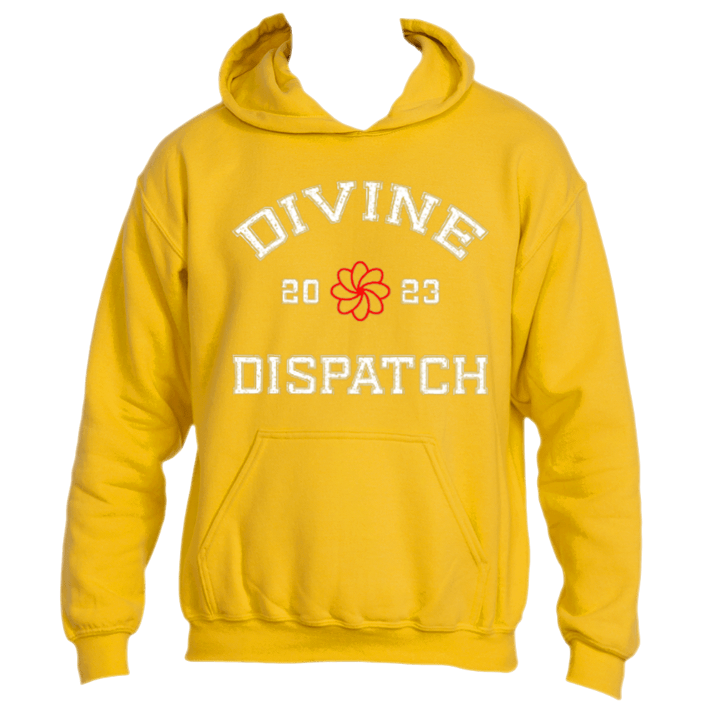 Gold Divine Dispatch Hoodie by Divine Dispatch featuring &quot;DIVINE DISPATCH&quot; in bold white block letters on the front. It showcases a red and white abstract flower design, representing spirituality, situated between &quot;20&quot; and &quot;23&quot; above the word &quot;DISPATCH.&quot; The hoodie combines comfort with style, complete with a front pocket and hood.