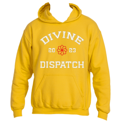 Gold Divine Dispatch Hoodie by Divine Dispatch featuring &quot;DIVINE DISPATCH&quot; in bold white block letters on the front. It showcases a red and white abstract flower design, representing spirituality, situated between &quot;20&quot; and &quot;23&quot; above the word &quot;DISPATCH.&quot; The hoodie combines comfort with style, complete with a front pocket and hood.