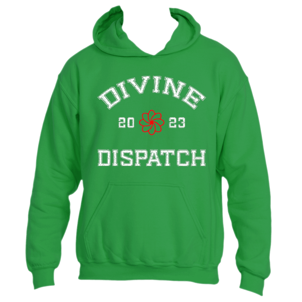 Exuding spiritual inspiration and trendy appeal, the Divine Dispatch Hoodie from Divine Dispatch showcases the &quot;Divine Dispatch&quot; logo in bold white letters. A vibrant red flower illustration with the number &quot;2023&quot; on either side enhances its visual charm. Available in an eye-catching Irish Green color, this hoodie features a convenient front pocket and adjustable drawstring hood, offering an ideal mix of comfort and fashion.