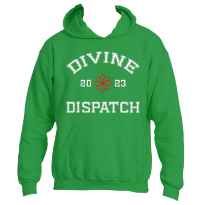 The Divine Dispatch Hoodie from Divine Dispatch is a must-have fashion piece, offering a spiritual flair with its green color and white &quot;Divine Dispatch&quot; text. It features the numbers &quot;20&quot; and &quot;23&quot; surrounding a red and white flower, combining style and comfort with its front pocket and hood.