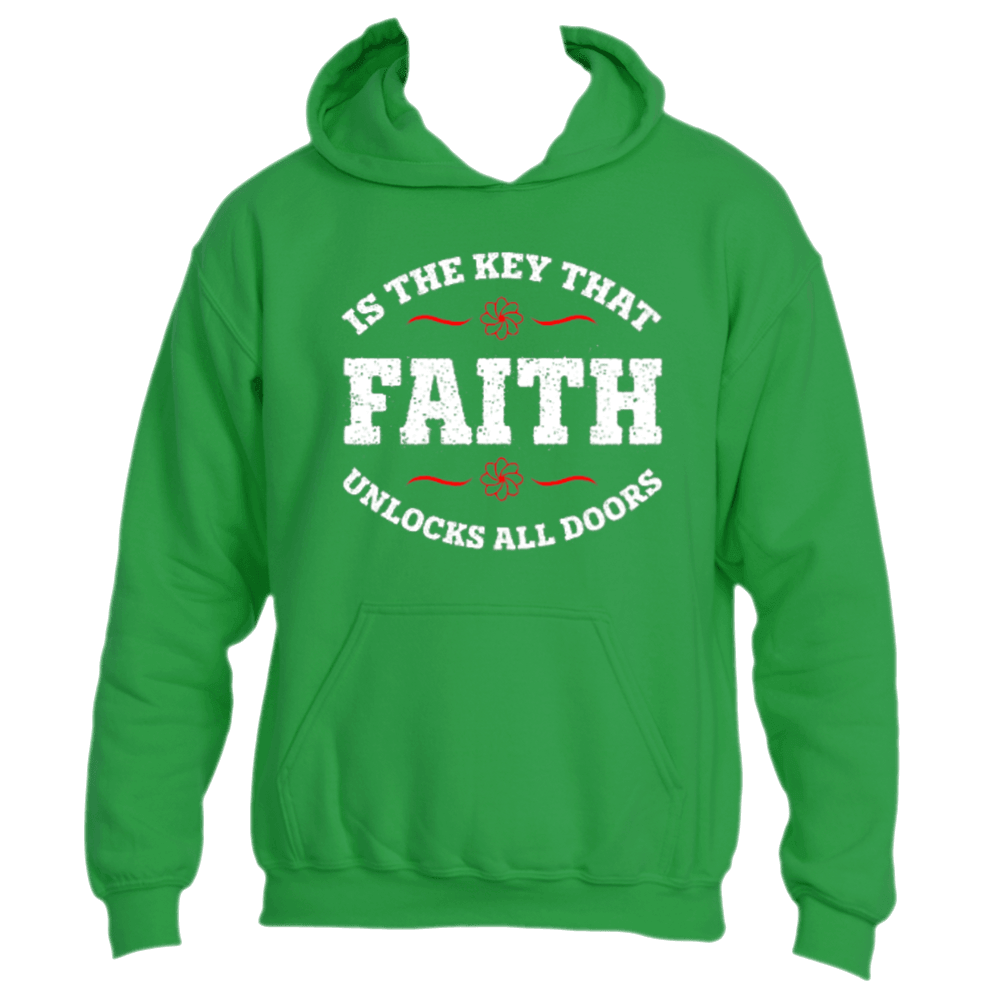 Introducing the Faith is the Key Hoodie by Divine Dispatch, a motivational piece in Irish Green. It features the phrase &quot;FAITH IS THE KEY THAT UNLOCKS ALL DOORS&quot; in bold white letters, with &quot;FAITH&quot; prominently highlighted by red decorative lines and two small floral designs to emphasize this inspiring message.