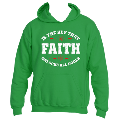 Introducing the Faith is the Key Hoodie by Divine Dispatch, a motivational piece in Irish Green. It features the phrase &quot;FAITH IS THE KEY THAT UNLOCKS ALL DOORS&quot; in bold white letters, with &quot;FAITH&quot; prominently highlighted by red decorative lines and two small floral designs to emphasize this inspiring message.