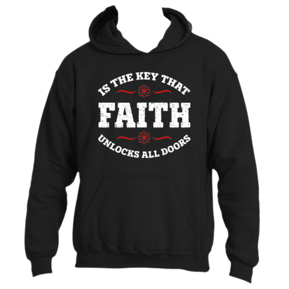 Introducing the Faith is the Key Hoodie by Divine Dispatch. This black hoodie features the phrase &quot;Faith is the Key that unlocks all doors&quot; in bold white lettering, with &quot;Faith&quot; strikingly accented by decorative red flourishes and delicate floral symbols.