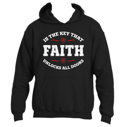 Introducing the Faith is the Key Hoodie by Divine Dispatch. This black hoodie features the phrase &quot;Faith is the Key that unlocks all doors&quot; in bold white lettering, with &quot;Faith&quot; strikingly accented by decorative red flourishes and delicate floral symbols.