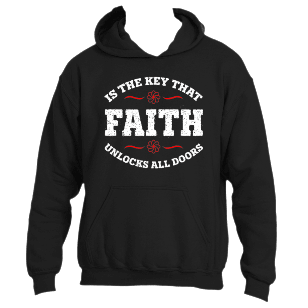 The Faith is the Key Hoodie from Divine Dispatch is a black hoodie adorned with the motivational phrase &quot;Faith is the Key that unlocks all doors&quot; in bold white and red letters. The word &quot;Faith&quot; is elegantly flanked by ornamental designs, adding a decorative flair to the message. This hoodie, perfect for those seeking inspiration, stands out against a plain background.