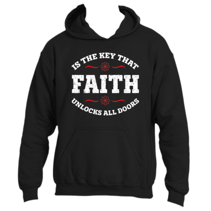 The Faith is the Key Hoodie from Divine Dispatch is a black hoodie adorned with the motivational phrase &quot;Faith is the Key that unlocks all doors&quot; in bold white and red letters. The word &quot;Faith&quot; is elegantly flanked by ornamental designs, adding a decorative flair to the message. This hoodie, perfect for those seeking inspiration, stands out against a plain background.