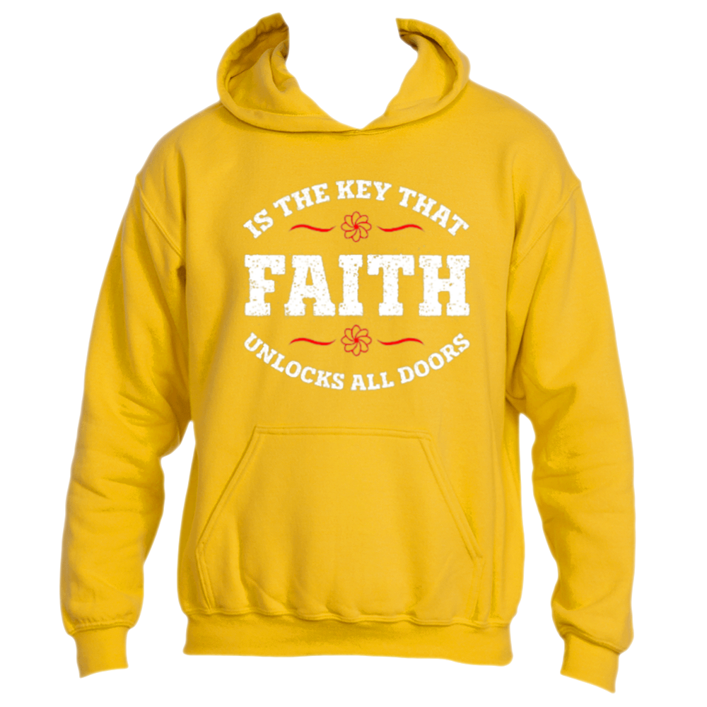 Presenting the &quot;Faith is the Key Hoodie&quot; by Divine Dispatch—a gold hoodie with white text exclaiming &quot;Faith is the Key that unlocks all doors.&quot; Adorned with small orange flowers framing the word &quot;Faith,&quot; it also features a comfortable front pocket and drawstring hood.