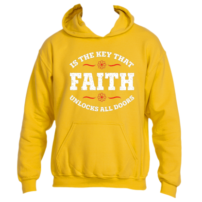 Presenting the &quot;Faith is the Key Hoodie&quot; by Divine Dispatch—a gold hoodie with white text exclaiming &quot;Faith is the Key that unlocks all doors.&quot; Adorned with small orange flowers framing the word &quot;Faith,&quot; it also features a comfortable front pocket and drawstring hood.