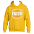 Presenting the "Faith is the Key Hoodie" by Divine Dispatch—a gold hoodie with white text exclaiming "Faith is the Key that unlocks all doors." Adorned with small orange flowers framing the word "Faith," it also features a comfortable front pocket and drawstring hood.