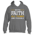 Introducing the "With Faith" hoodie by Divine Dispatch, featuring an inspiring message in white and yellow: "With Faith, All Things Are Possible." This gray hoodie is elegantly accented with small floral designs, making it perfect for those who support charitable initiatives.