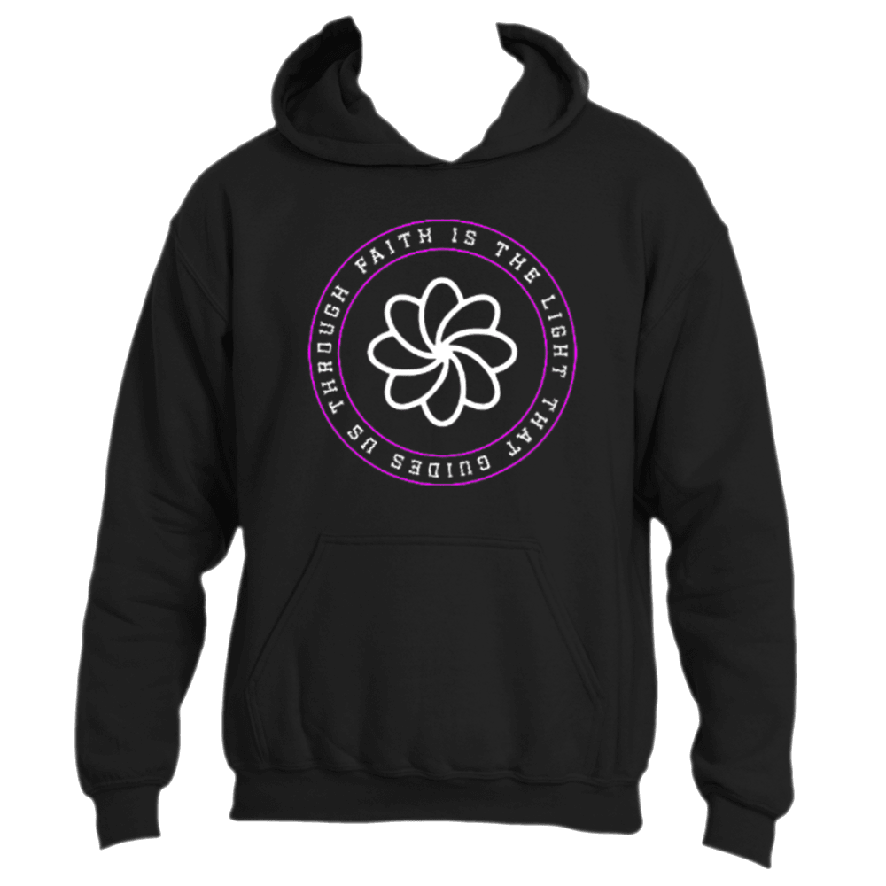 Introducing the &quot;Faith Is the Light Hoodie&quot; by Divine Dispatch, a black hoodie adorned with a captivating circular design featuring a stylized flower at its center. Surrounding the flower, the text says &quot;Faith is the Light that guides us through,&quot; in alternating pink and white hues. This hoodie also boasts a front pocket and hood for maximum comfort.