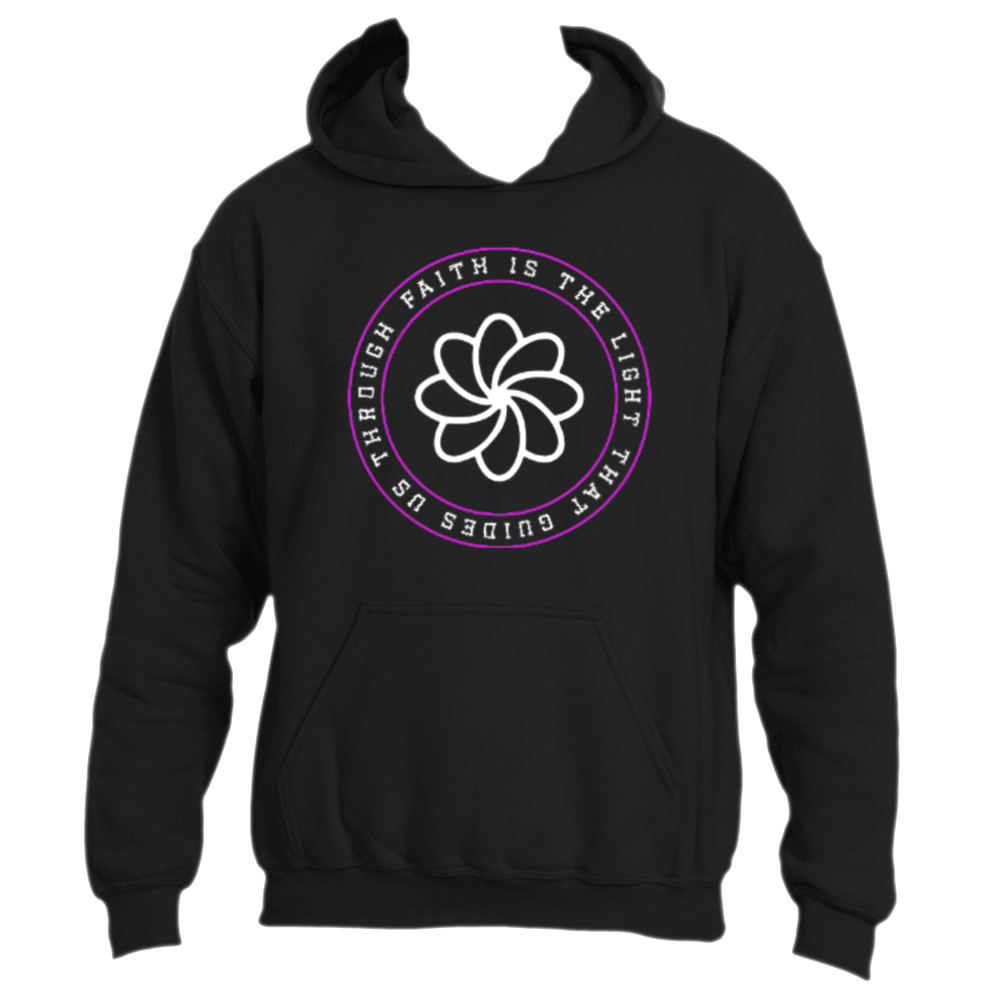 The &quot;Faith Is the Light Hoodie&quot; by Divine Dispatch is an inspiring black hoodie featuring a circular chest design with a stylized white flower and overlapping petals. Surrounding the flower, the phrase &quot;Faith is the Light that guides us through&quot; appears in purple and white font. The hoodie also includes a convenient front pocket.