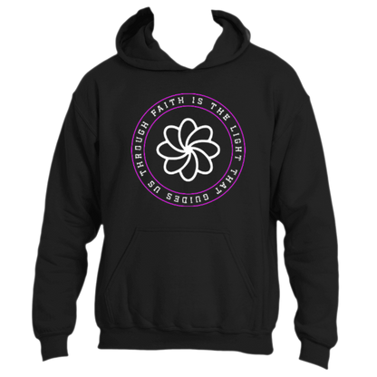 The &quot;Faith Is the Light Hoodie&quot; by Divine Dispatch is an inspiring black hoodie featuring a circular chest design with a stylized white flower and overlapping petals. Surrounding the flower, the phrase &quot;Faith is the Light that guides us through&quot; appears in purple and white font. The hoodie also includes a convenient front pocket.