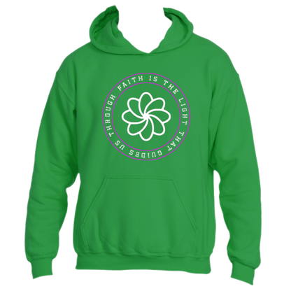 Introducing the Faith Is the Light Hoodie by Divine Dispatch—a vibrant Irish Green hoodie showcasing a circular emblem with the inspiring phrase &quot;Faith is the Light that guides us through&quot; encircling a stylized white flower. With its front pocket and drawstring hood, this hoodie seamlessly blends comfort and motivation.