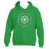 Introducing the Faith Is the Light Hoodie by Divine Dispatch—a vibrant Irish Green hoodie showcasing a circular emblem with the inspiring phrase "Faith is the Light that guides us through" encircling a stylized white flower. With its front pocket and drawstring hood, this hoodie seamlessly blends comfort and motivation.