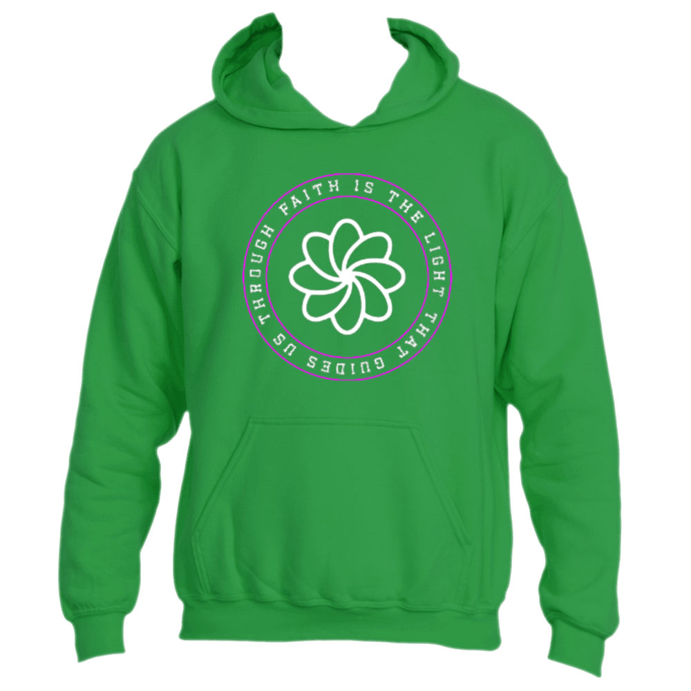 Introducing the **Faith Is the Light Hoodie** by Divine Dispatch: This green hoodie features an inspiring circular design with a white stylized flower emblem at its center. Surrounding this motif, it reads, &quot;Faith is the Light that guides us.&quot; Complete with a front pocket and a hood for extra comfort.