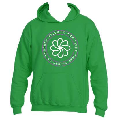 Introducing the **Faith Is the Light Hoodie** by Divine Dispatch: This green hoodie features an inspiring circular design with a white stylized flower emblem at its center. Surrounding this motif, it reads, &quot;Faith is the Light that guides us.&quot; Complete with a front pocket and a hood for extra comfort.