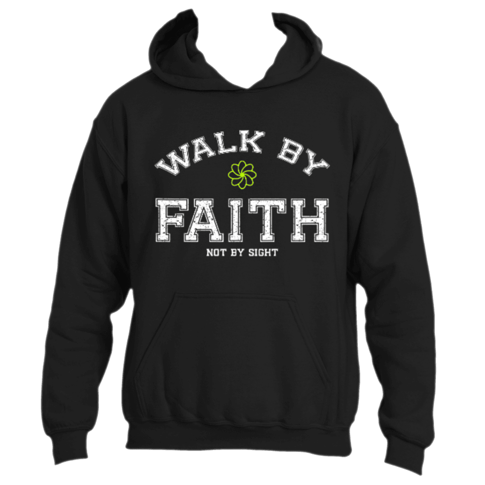 The Walk by Faith Hoodie by Divine Dispatch showcases a striking four-leaf clover graphic and the uplifting message &quot;Walk by Faith, Not by Sight,&quot; expertly combining spirituality with style on a black fabric.