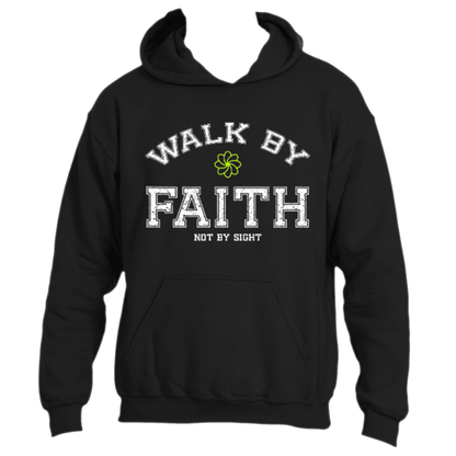 The Walk by Faith Hoodie by Divine Dispatch showcases a striking four-leaf clover graphic and the uplifting message &quot;Walk by Faith, Not by Sight,&quot; expertly combining spirituality with style on a black fabric.