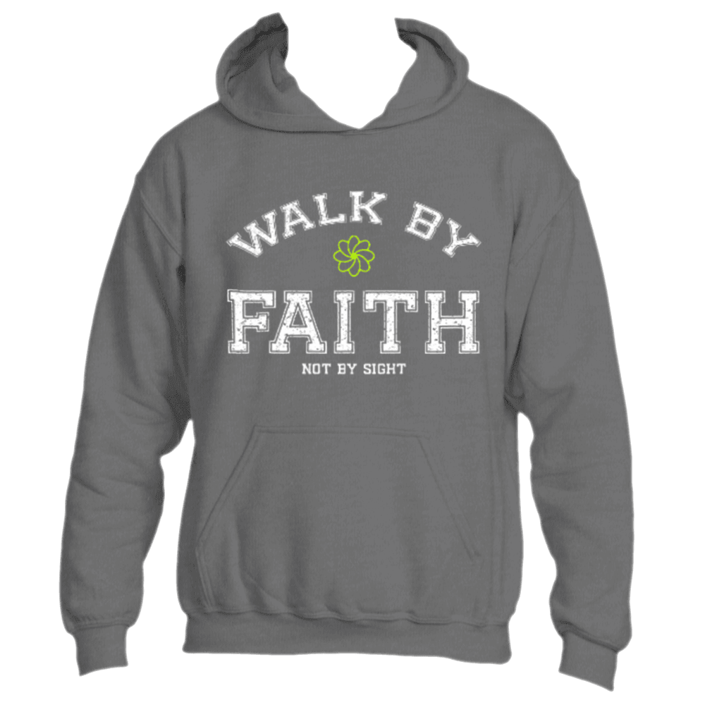 Divine Dispatch presents the Walk by Faith Hoodie: This dark heather grey hoodie showcases the uplifting message &quot;Walk by Faith Not by Sight&quot; on the front, accompanied by a small green clover design that symbolizes spirituality. Ideal for individuals who value faith-inspired fashion and back charitable causes.