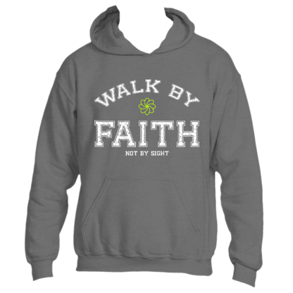 Divine Dispatch presents the Walk by Faith Hoodie: This dark heather grey hoodie showcases the uplifting message &quot;Walk by Faith Not by Sight&quot; on the front, accompanied by a small green clover design that symbolizes spirituality. Ideal for individuals who value faith-inspired fashion and back charitable causes.