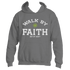 Divine Dispatch presents the Walk by Faith Hoodie: This dark heather grey hoodie showcases the uplifting message "Walk by Faith Not by Sight" on the front, accompanied by a small green clover design that symbolizes spirituality. Ideal for individuals who value faith-inspired fashion and back charitable causes.