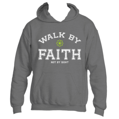 The Divine Dispatch &quot;Walk by Faith Hoodie&quot; in gray showcases the uplifting message &quot;Walk by Faith, Not by Sight&quot; paired with a vibrant green four-leaf clover design, symbolizing spirituality and hope.