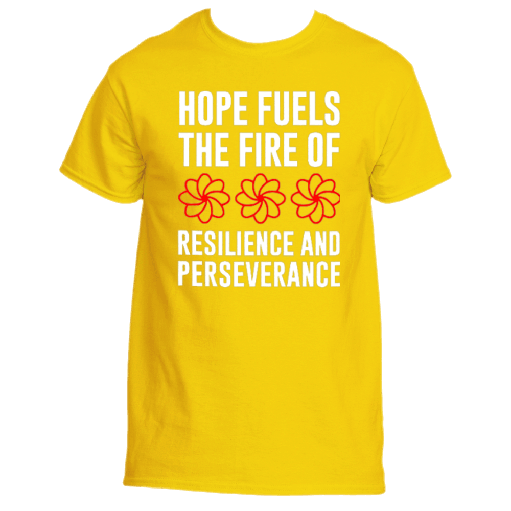 The Hope Fuels T-Shirt by Divine Dispatch is a daisy-colored shirt featuring the uplifting phrase, &quot;Hope fuels the fire of resilience and perseverance,&quot; along with three stylized red flowers. This tee is not only inspiring but also supports charitable initiatives that drive change.