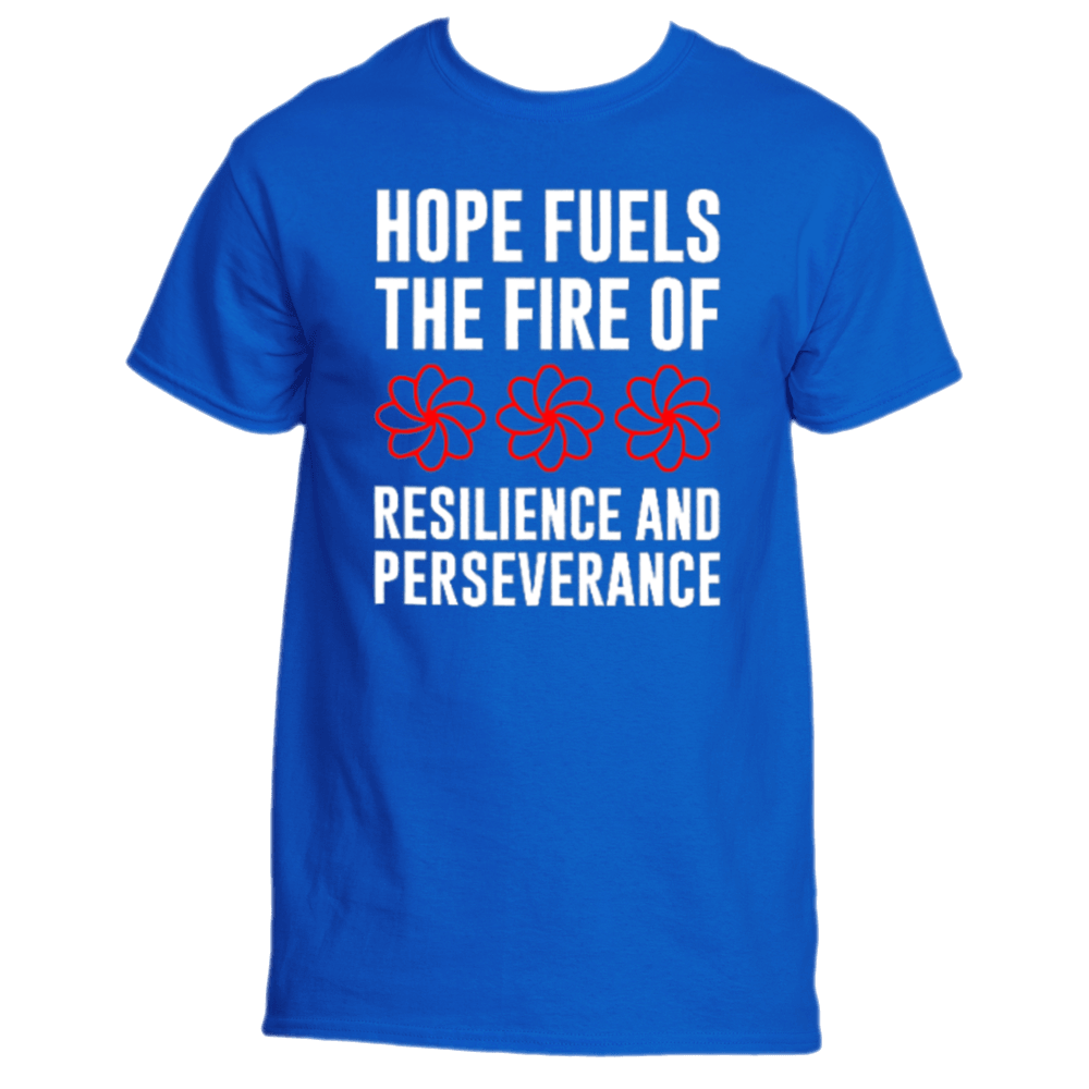 Presenting the Hope Fuels T-Shirt by Divine Dispatch: a blue T-shirt adorned with the empowering message &quot;Hope fuels the fire of resilience and perseverance&quot; and accented with three red flower icons. Wearing this inspiring tee lifts your spirits while each purchase contributes to charitable initiatives.