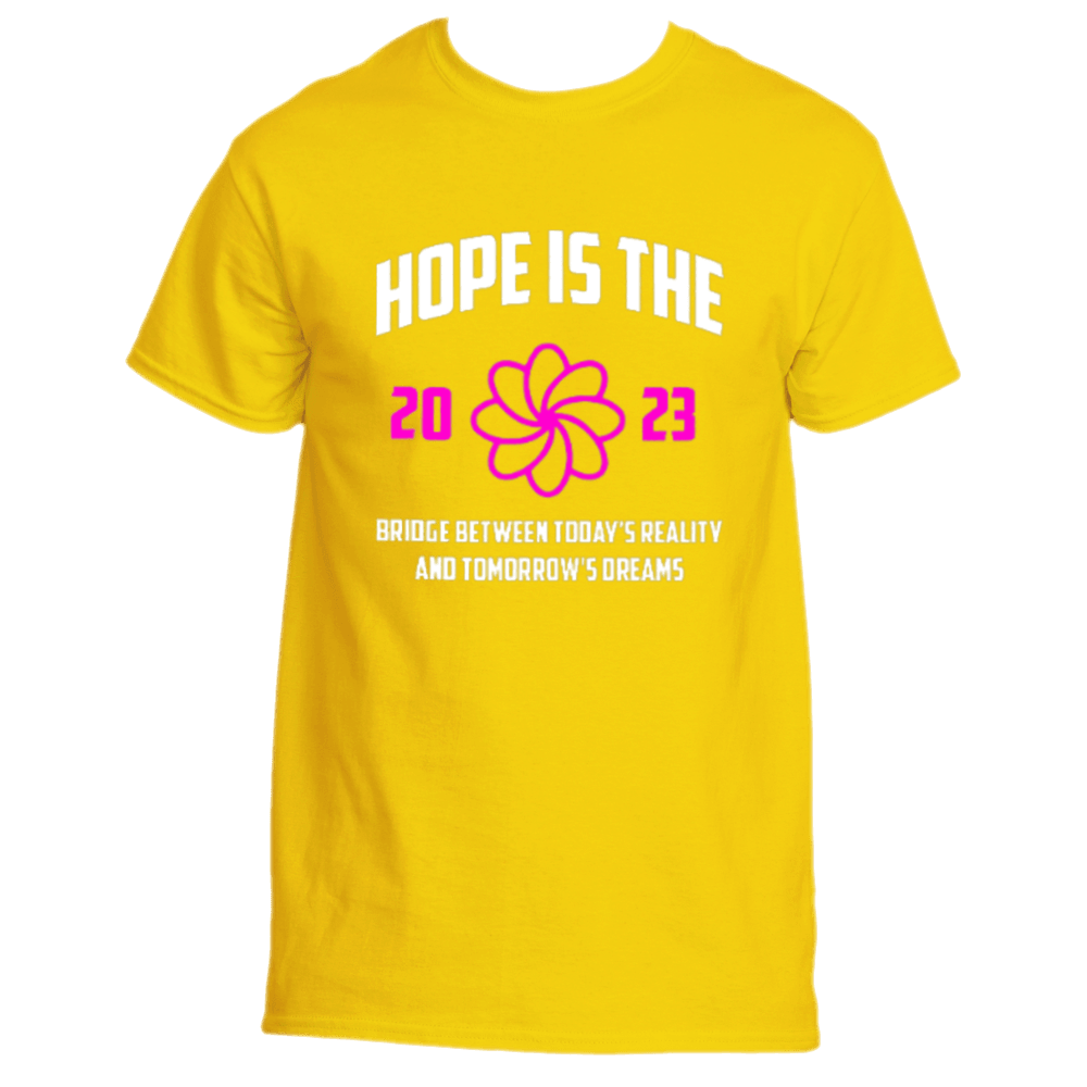 Daisy-colored Hope is the Bridge T-Shirt by Divine Dispatch, showcasing an inspiring design with the message, &quot;Hope is the Bridge between today&