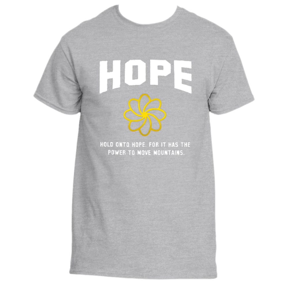 Introducing the Hold on to Hope T-Shirt: An inspiring piece from Divine Dispatch, this ice grey tee features the word &quot;HOPE&quot; in white above a vibrant yellow flower, along with the phrase &quot;Hold onto hope. For it has the power to move mountains.&quot; It&