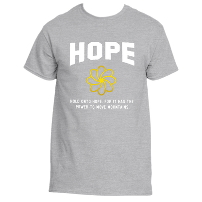 Introducing the Hold on to Hope T-Shirt: An inspiring piece from Divine Dispatch, this ice grey tee features the word &quot;HOPE&quot; in white above a vibrant yellow flower, along with the phrase &quot;Hold onto hope. For it has the power to move mountains.&quot; It&