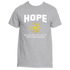 Introducing the Hold on to Hope T-Shirt: An inspiring piece from Divine Dispatch, this ice grey tee features the word "HOPE" in white above a vibrant yellow flower, along with the phrase "Hold onto hope. For it has the power to move mountains." It&