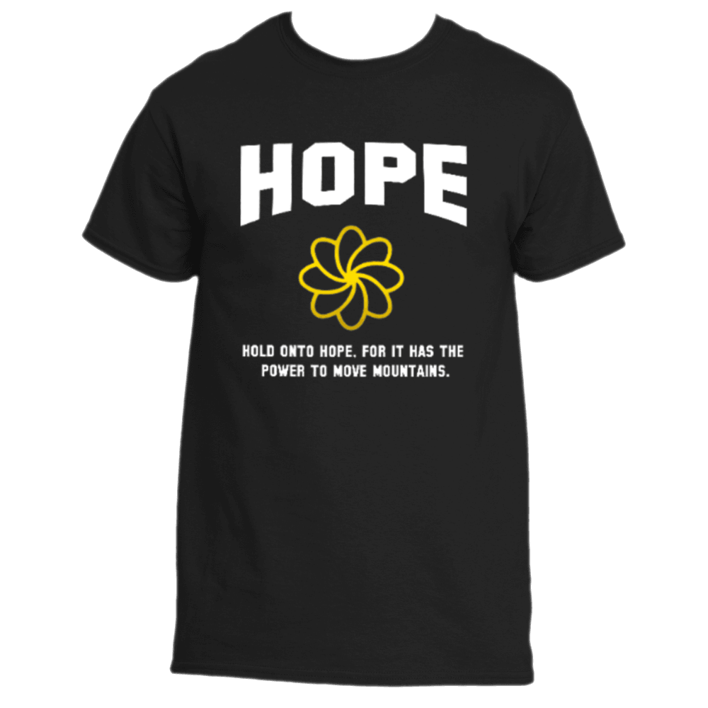 Hold on to Hope T-Shirt by Divine Dispatch: A black T-shirt featuring bold white &quot;HOPE&quot; lettering, a vibrant yellow floral graphic, and the uplifting message &quot;Hold onto hope, for it has the power to move mountains.&quot; This inspiring tee supports charitable initiatives with its message of resilience.