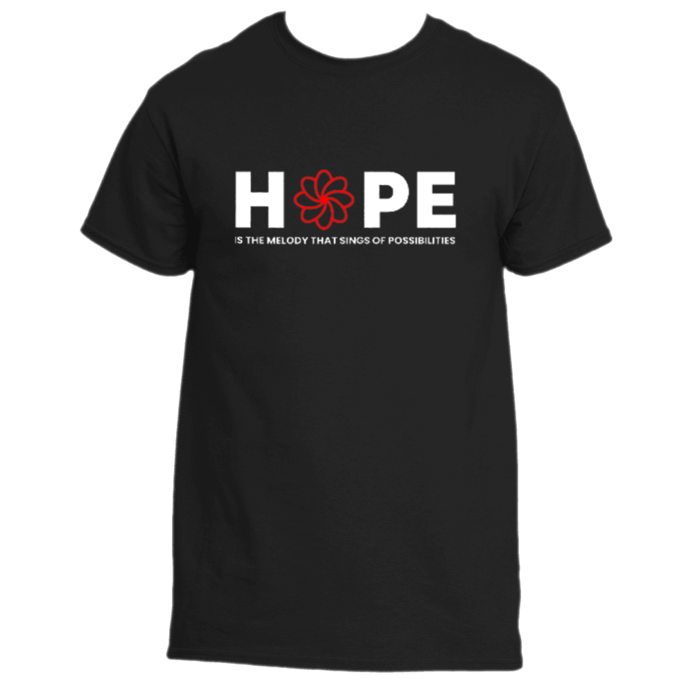 The &quot;Melody T-Shirt&quot; from Divine Dispatch is a black tee featuring the word &quot;HOPE&quot; in white, with a red flower replacing the &quot;O,&quot; and below it reads, &quot;IS THE MELODY THAT SINGS OF POSSIBILITIES.