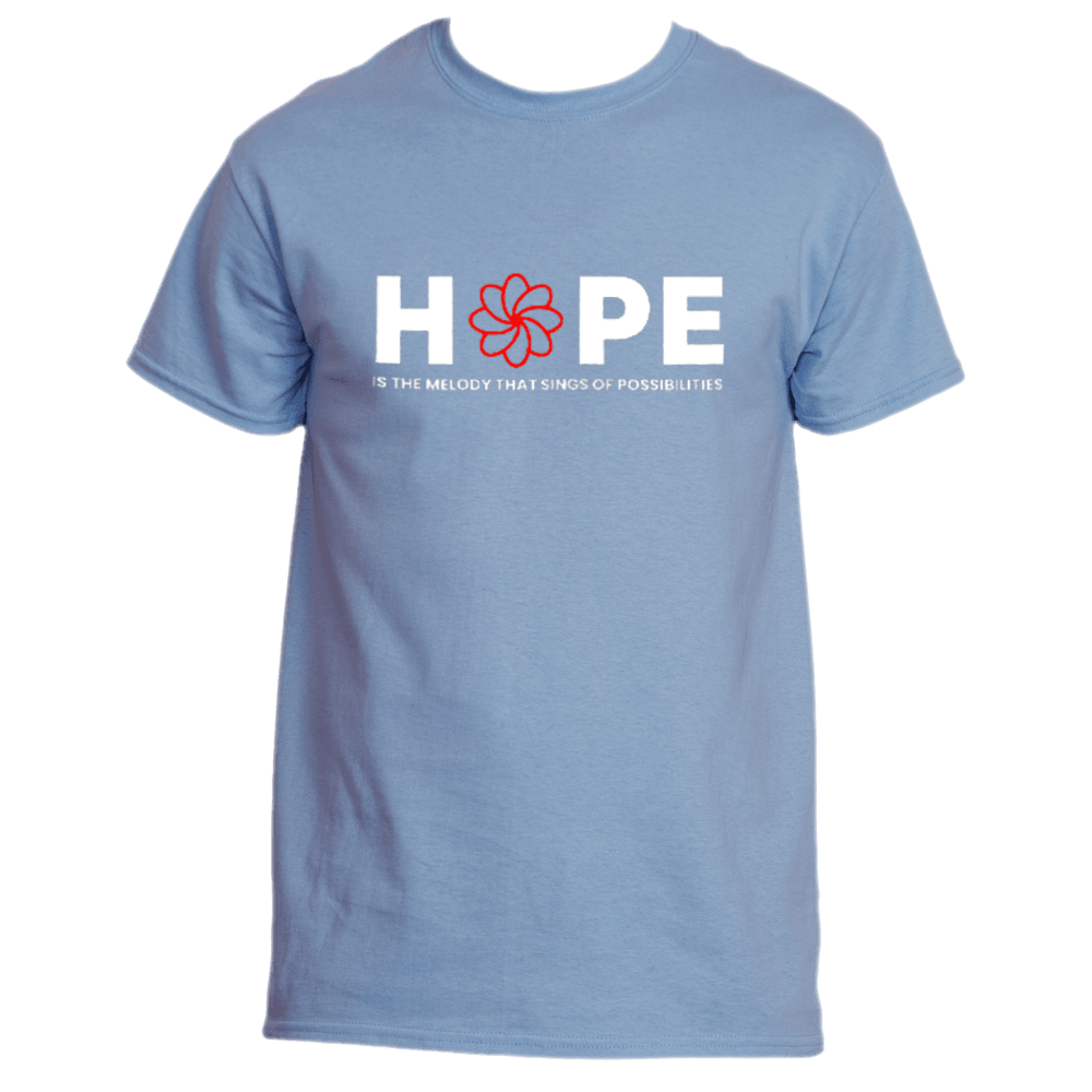 Introducing the Melody T-Shirt by Divine Dispatch: a Carolina Blue tee adorned with &quot;HOPE&quot; in striking white letters, where the &