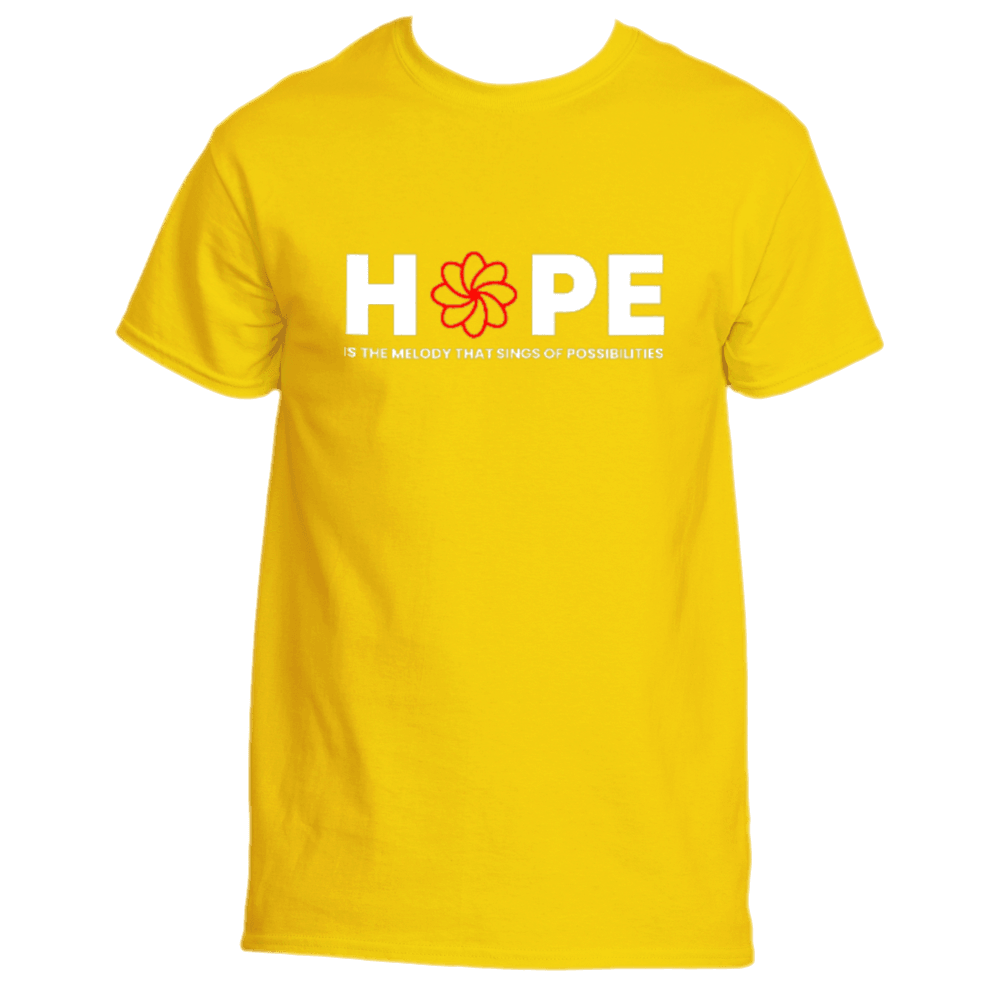 The Melody T-Shirt by Divine Dispatch features the word &quot;HOPE&quot; in white on a daisy-colored tee, with the &quot;O&quot; artistically replaced by a flower design, embodying an inspiring message. The text below states, &quot;is the melody that sings of possibilities.