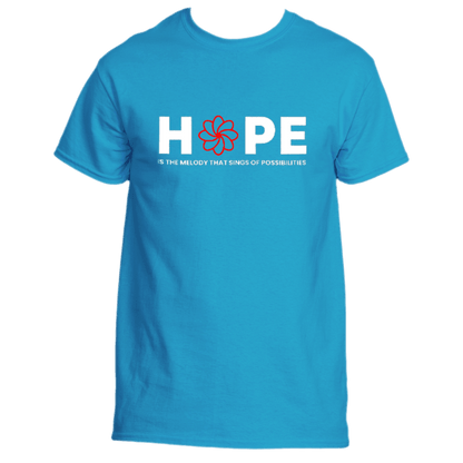 Melody T-Shirt by Divine Dispatch: A sapphire tee featuring &quot;HOPE&quot; in prominent white letters with a red flower standing in for the &quot;O.&quot; Beneath that, it says: &quot;is the melody that sings of possibilities.