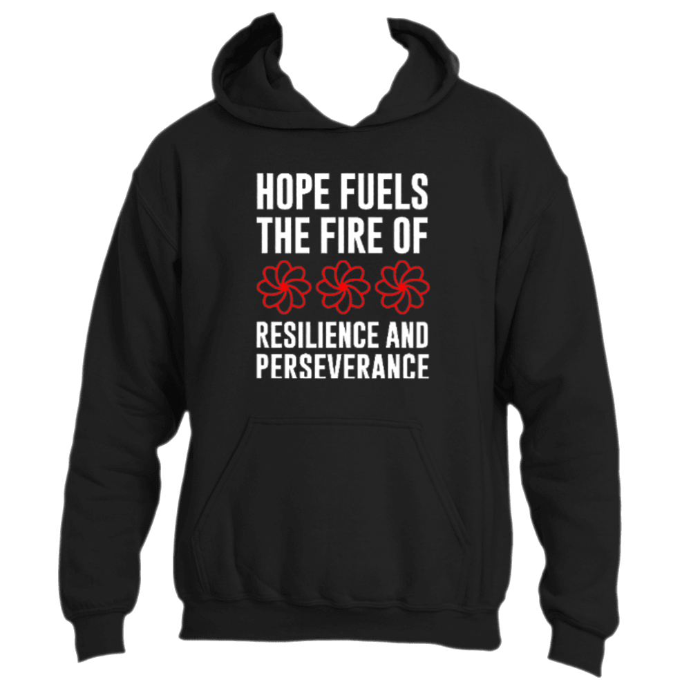 Introducing the Divine Dispatch Hope Fuels Hoodie: a black hoodie adorned with the empowering message &quot;Hope fuels the fire of resilience and perseverance&quot; accompanied by three red flowers beneath &quot;fire.&quot; This inspiring piece embodies strength, making it perfect for spreading positivity and supporting charitable initiatives.