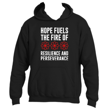 Introducing the Divine Dispatch Hope Fuels Hoodie: a black hoodie adorned with the empowering message &quot;Hope fuels the fire of resilience and perseverance&quot; accompanied by three red flowers beneath &quot;fire.&quot; This inspiring piece embodies strength, making it perfect for spreading positivity and supporting charitable initiatives.