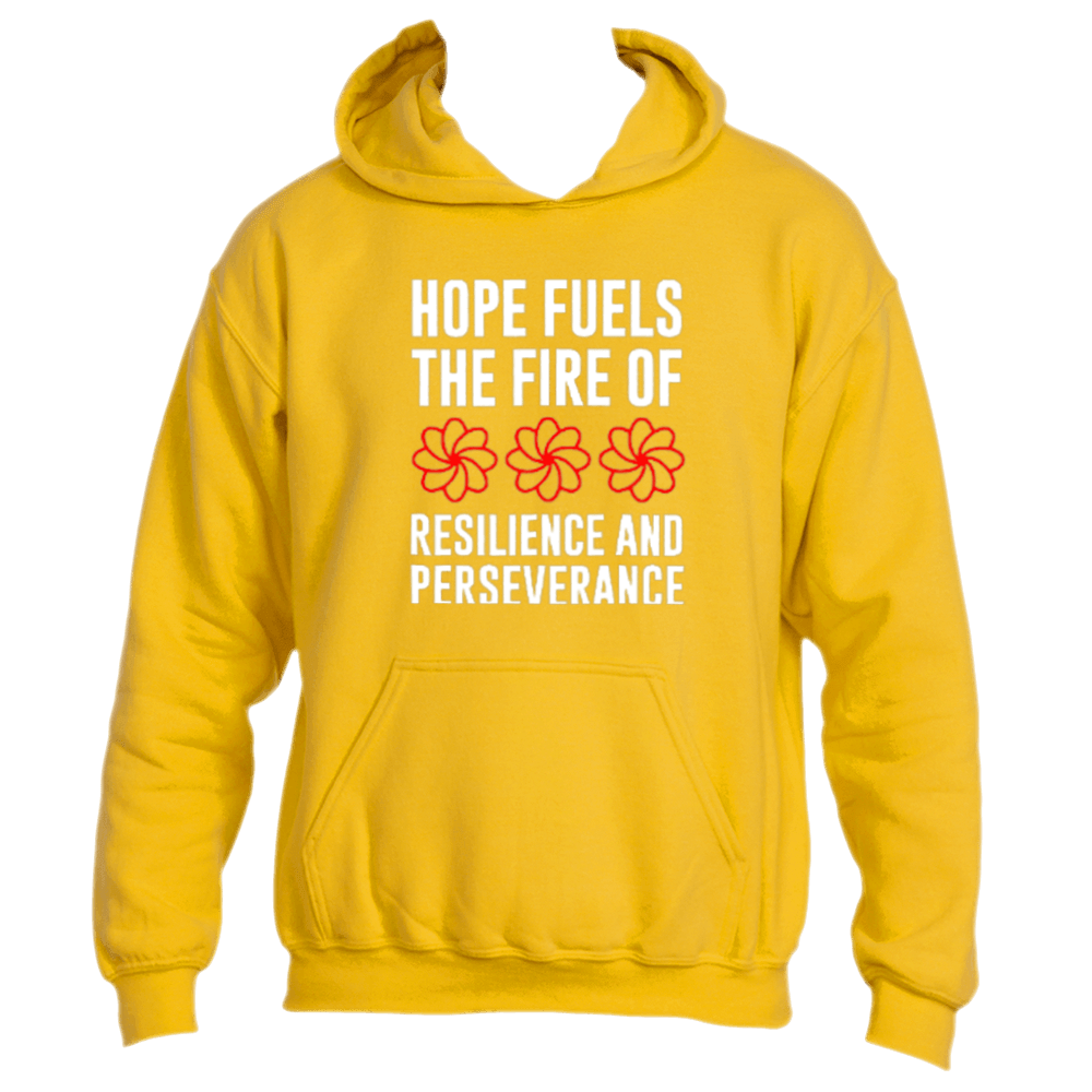 Introducing the Hope Fuels Hoodie by Divine Dispatch: a gold hoodie featuring the message &quot;Hope fuels the fire of resilience and perseverance&quot; alongside three vibrant red flower designs. This inspiring piece not only keeps you cozy but also contributes to meaningful charitable initiatives.